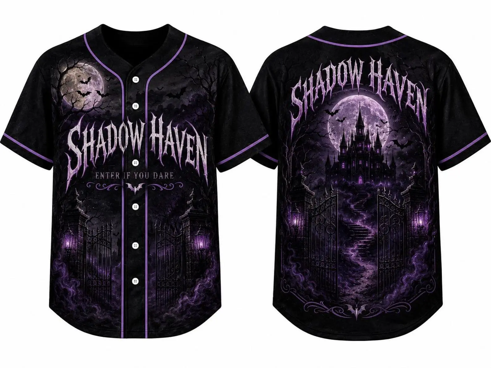 Shadow Haven Haunted Castle Full-Button Baseball Jersey, Purple Moon Gothic Gate Graphic, Dark Fantasy Halloween Party Shirt for Adults