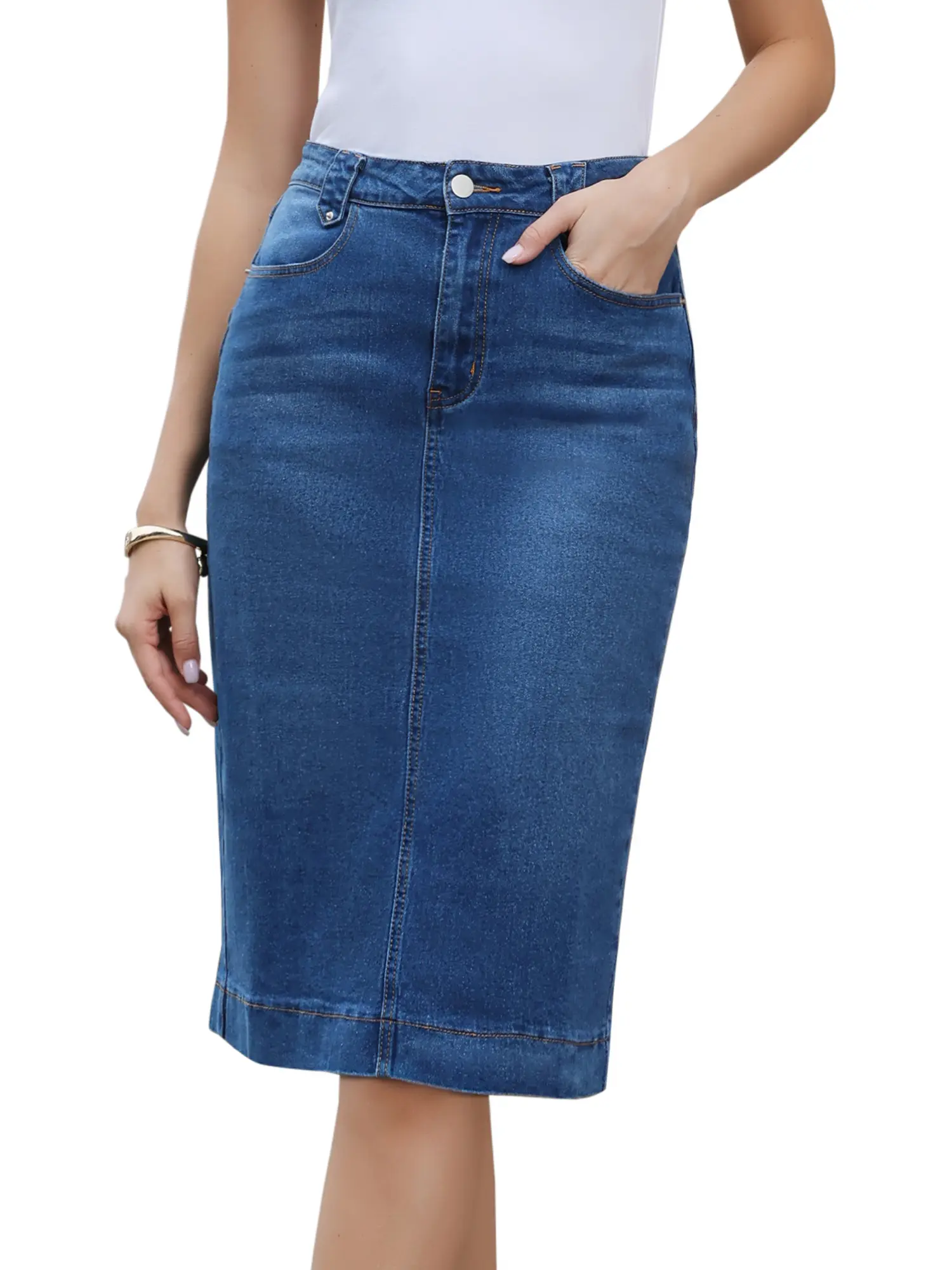 INSPIRE CHIC Denim Skirt for Women High Waist Split Back Pockets Knee Length Pencil Skirt