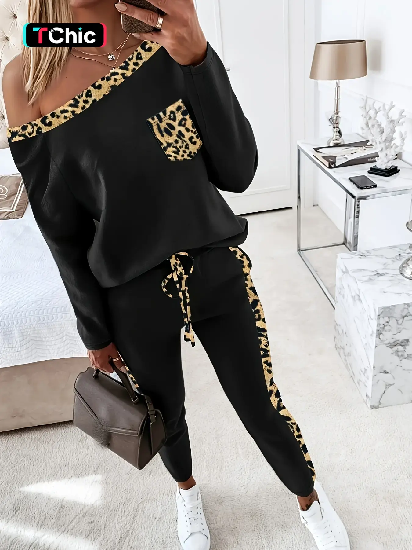 A 2-piece set outfit of women's fashionable casual fitted slanted shoulder collar leopard print long sleeved shirt top and lace up Adjustable drawstring pants, suitable for daily versatile occasions and home sports wear Womenswear