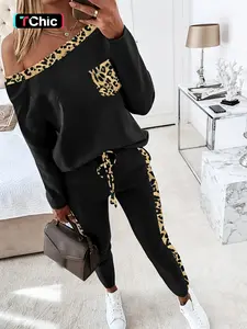 A 2-piece set outfit of women's fashionable fitted slanted shoulder collar leopard print long sleeved shirt and lace up Adjustable drawstring pants, suitable for daily versatile occasions and home sports wear