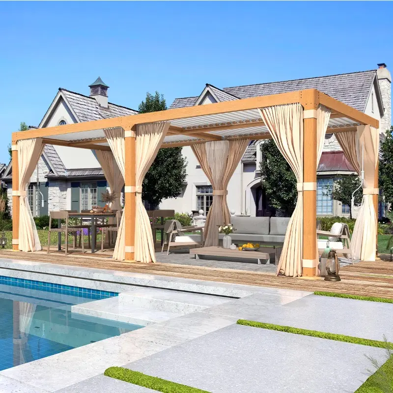 12x20 Outdoor Aluminum Pergola, Wood Grain Louvered Pergola with Adjustable Roof for Patio & Garden
