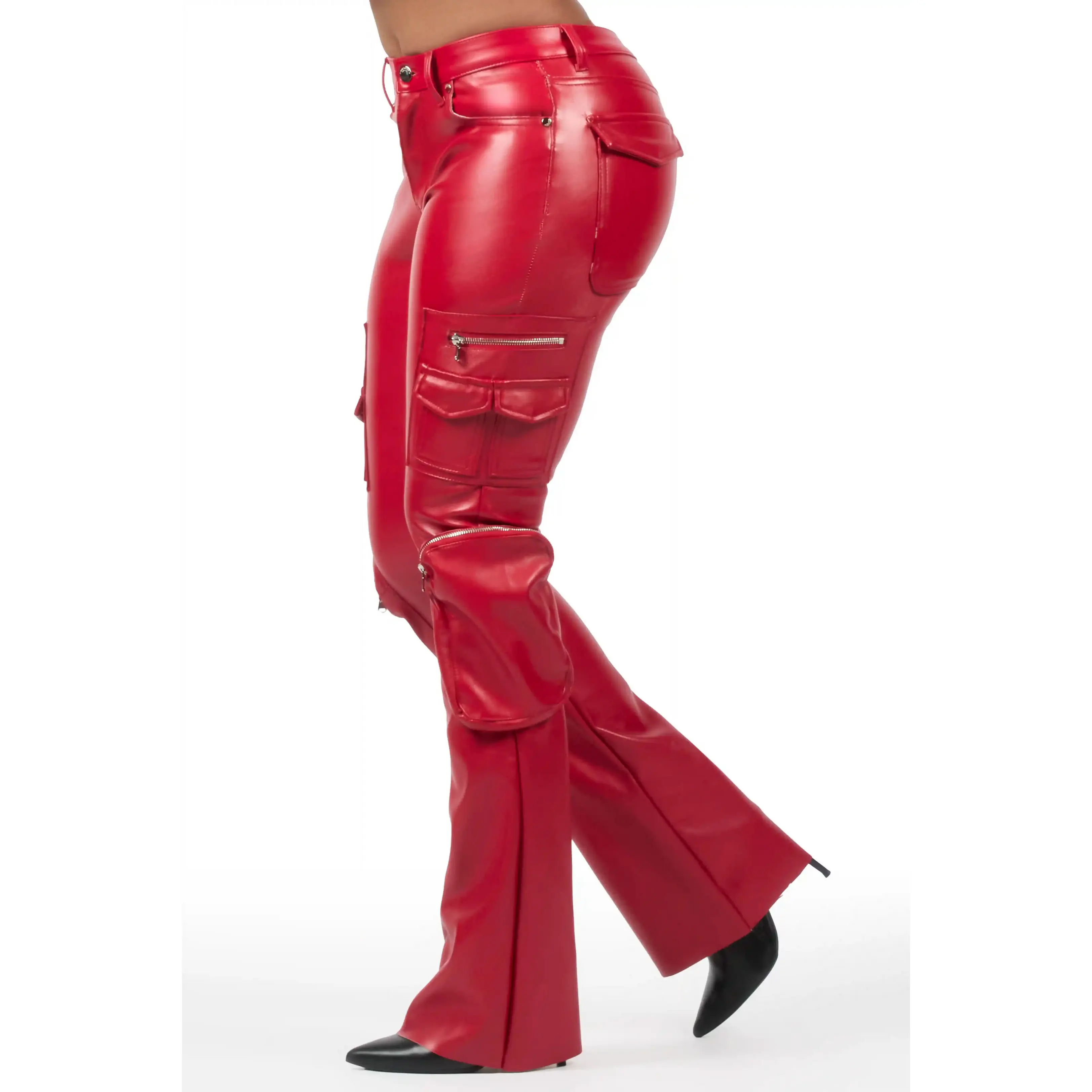 Luxola Red PU Cargo Stacked Flare Pant