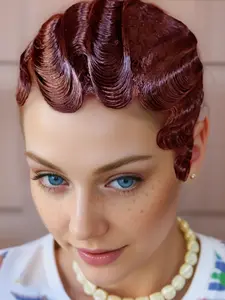Short Finger Wave Wig Natural Human Hair Wig 99J Burgundy Brown Short Ocean Wave Wig Pixie Cut Wigs for Woman