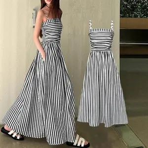 Women Striped Halter Dress Elegant Aline Neckline Off-the-Shoulder Plunging Dress Summer New Collection Trendy Outfits