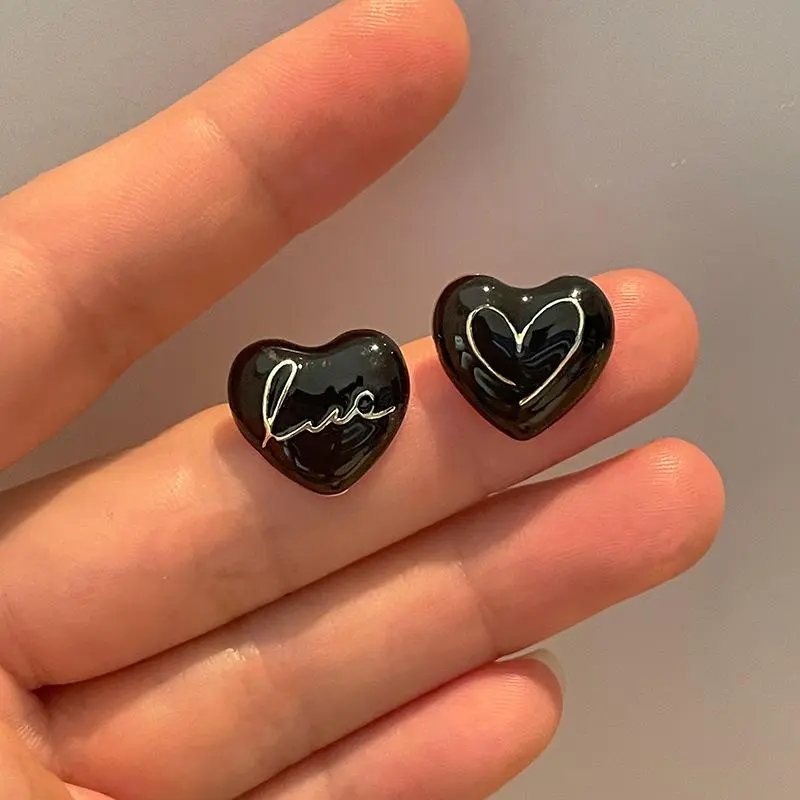 Cute Black Enamel Oil Heart Stud Earrings for Women Girls Asymmetric Letter Love Heart Shape Pattern Earrings Trendy Jewelry