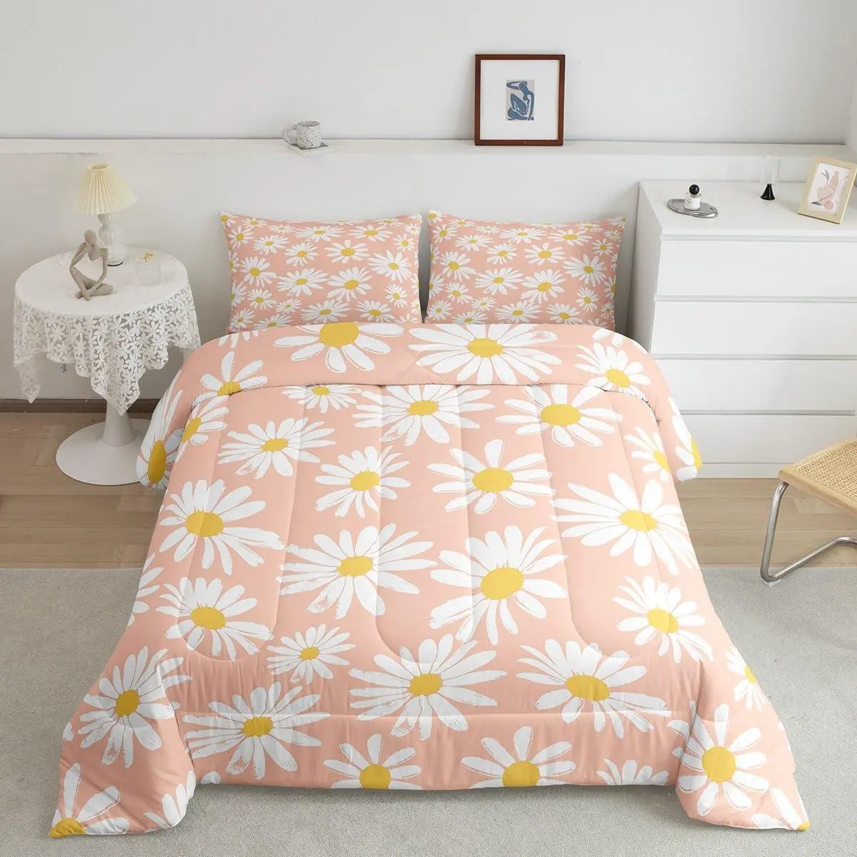 Girls Daisy Comforter Set,Kids Pink White Yellow Decor All Season Bedding Set,Teens Daisy Flowers Comforter,Children Spring Floral Decor Quilt Set,Bedroom Collection