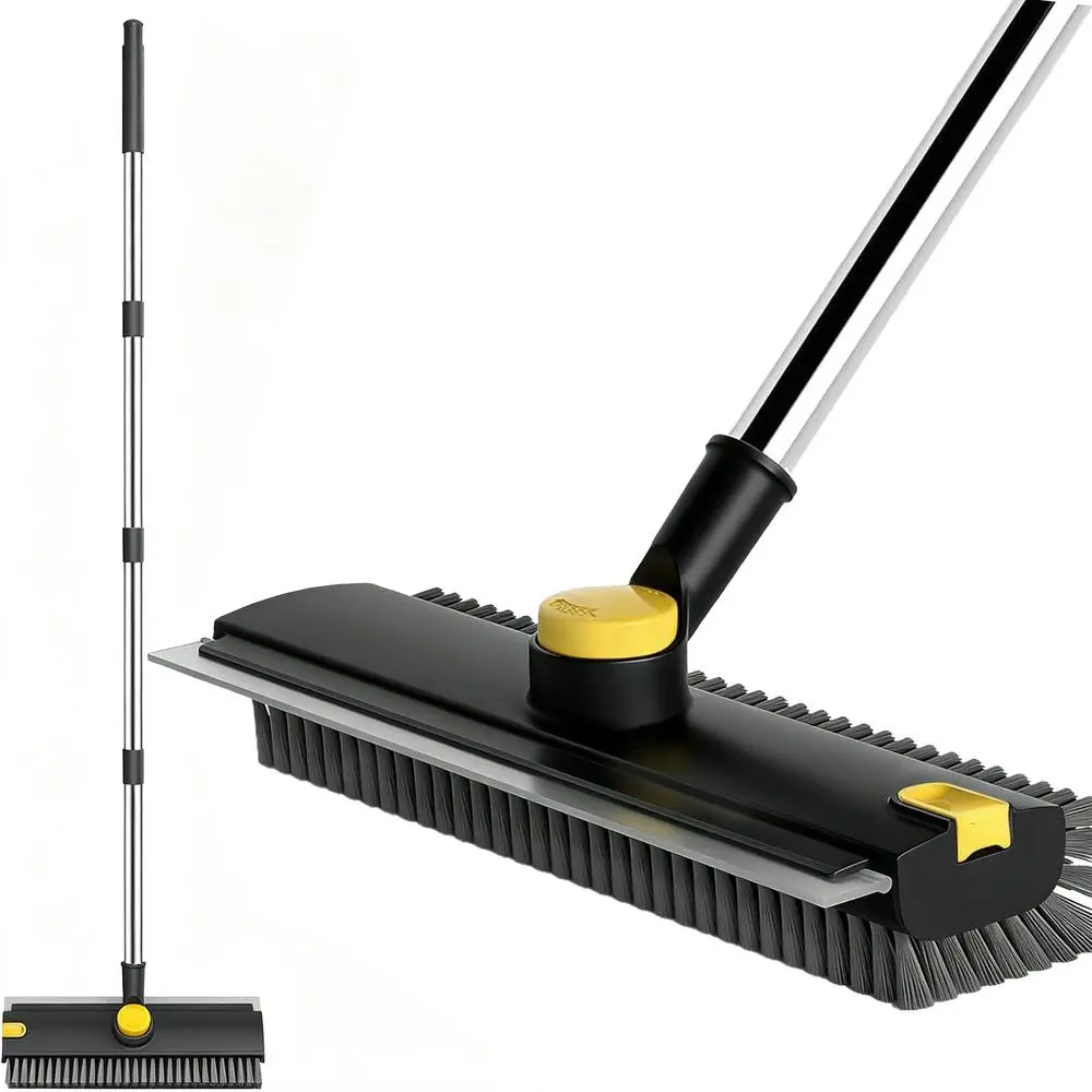 Double Sided Built In 3-in-1 Bathtub Floor Scrub Brush Long Stretch Adjustable Stainless Steel Pole, High Wear Resistant Hard Bristles Fixed Squeegee Blade, Dual Function Scrubbing Scraping Tool for Shower Garage Kitchen Outdoor