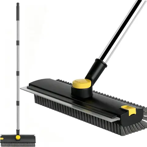 3-in-1 Function Retractable Adjustable Floor Scrub Brush - Retractable Handle, Removable Scrape Blade, Abrasion-Resistant Stiff Bristles, Outdoor Cleaning Tool for Pool, Patio (Black&Yellow)