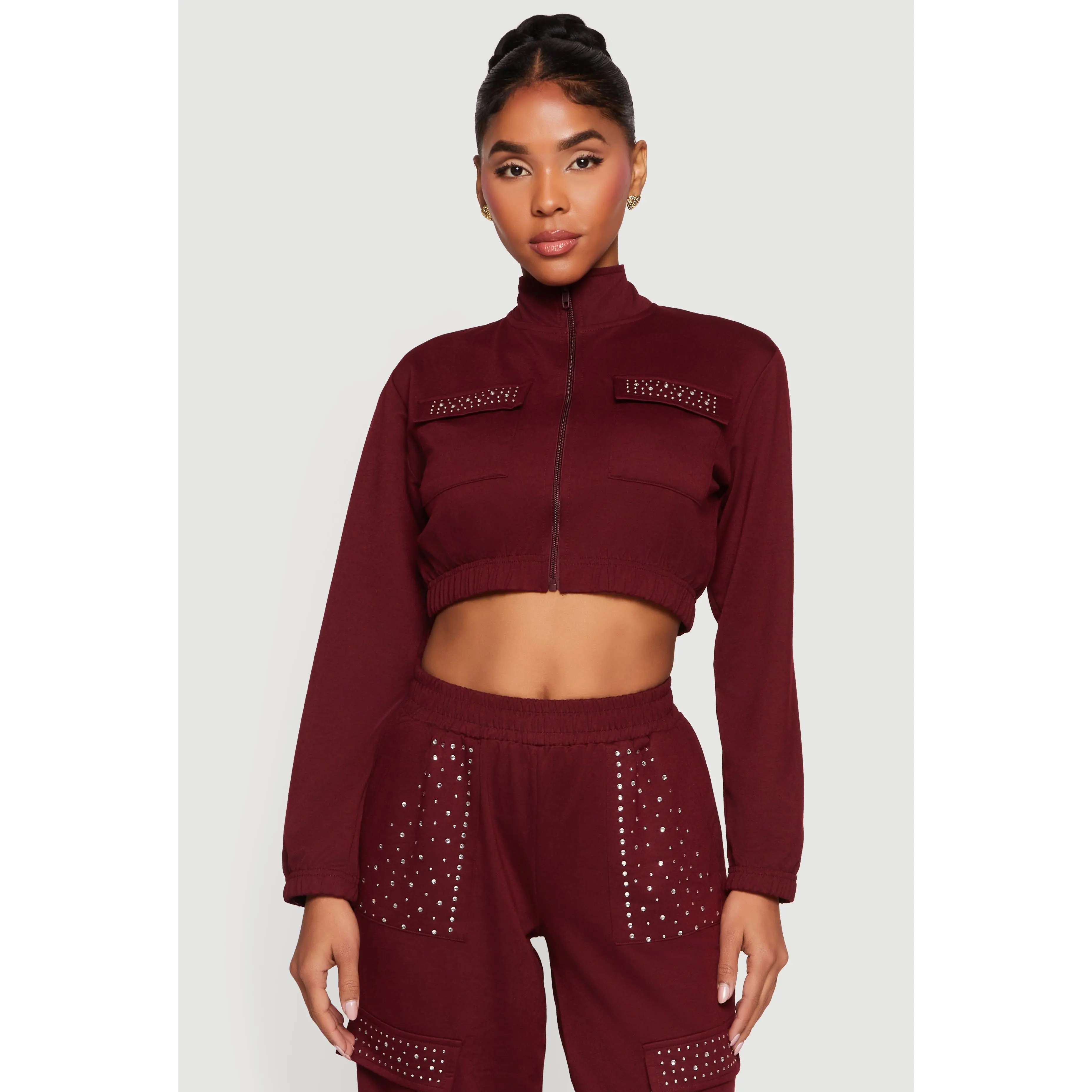 Rhinestone Detail Zip Front Mock Neck Cropped Track Jacket