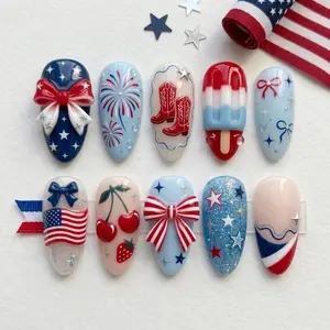 Cowboy Boots Cherry 4th Of July Press On Nails, 250th Patriotic Almond Gift Nail