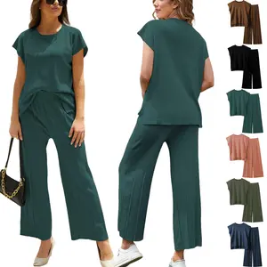 WoodBerry Lounge Sets for Women Two Piece Outfits Knit Cap Sleeve Tops Wide Leg Pleated Pants Casual Dressy Sweater Sets