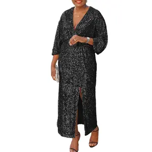 Champagne Sequin Dress for Women - Ankle Length High Waist Loose Fit V-Neck Lantern Sleeve Slight Stretch Casual Formal Wear Basic Style Minimalist Check Clothes Elegant Summer Autumn Clothes