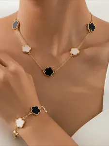 Women's Elegant Fashion Flower Charm Jewelry Set, Pendant Necklace & Bracelet, Casual 2026 New Trendy Matching Fashionable Jewelry Set for Party, Daily Clothing Decor for Girl