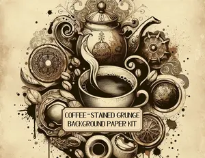 Vintage Coffee-Stained Grunge Background Paper Kit - 16 Unique Grunge-Style Backdrops for Journaling & Ephemera - High-Resolution Printable 8.5x11" Parchment with Rich Stains & Distressed Overlays