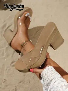 Summer Transparent Cool Women's Slippers, Sandal, PVC Clear Strap & Wood Grain Base, Fresh Feeling, Perfect for Summer Wear, Comfortable and Stylish