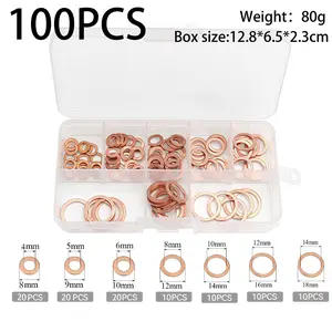 Copper Sealing Gasket Master Kit, 100pcs Push Rod Tube Seal Assortment, Includes Flat Rings & Hardware, Durable Storage Case Included