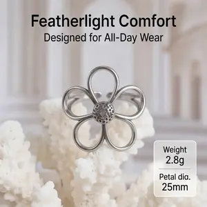 Silver Hollow Out Flower Adjustable Ring for Women Y2K Aesthetic Floral Statement Ring Minimalist Trendy Jewelry Gift for Her Adjustable Open Band Polished Silver