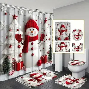 1/4pcs Christmas Theme Bath Curtain Set Shower Curtain Set with Snowman and Christmas Tree, Holiday Bathroom Decor, Includes Hooks, Perfect for Bathroom Decoration