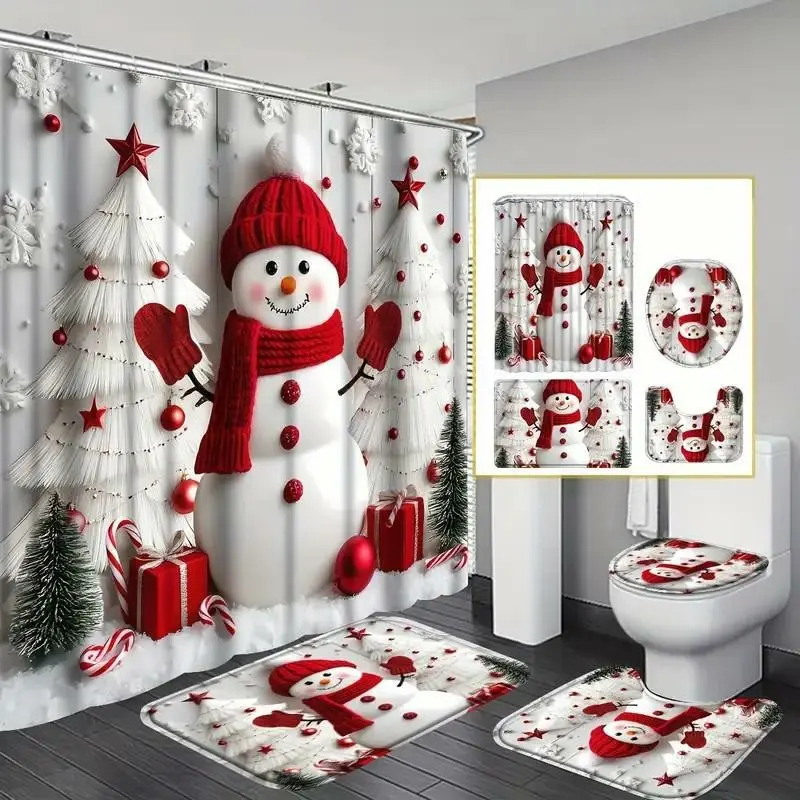 1/4pcs Christmas Theme Bath Curtain Set Shower Curtain Set with Snowman and Christmas Tree, Holiday Bathroom Decor, Includes Hooks, Perfect for Bathroom Decoration, Decorative Shower Curtain