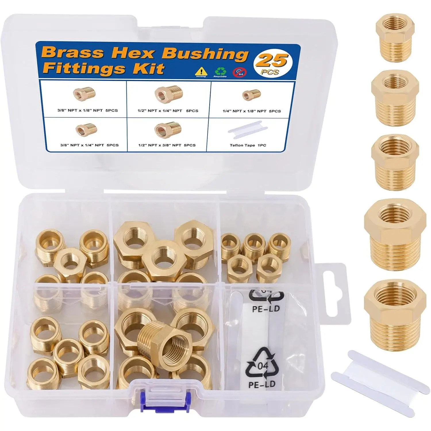 25 count Brass Hex Bushing Kit Brass Fittings Assortment 1/4" to 1/8", 3/8" to 1/8", 3/8" to 1/4", 1/2" to 1/4", 1/2" to 3/8" NPT Reducer Pipe Fittings Adapter Fitting