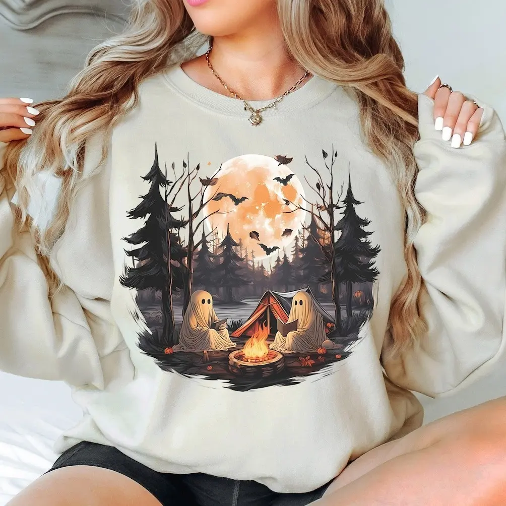 Ghost Reading Camping Sweatshirt, Hiking Halloween Shirt, Camping Ghost Sweatshirt, Spooky Campfire Ghost Sweatshirt, Halloween Camping Shirt, Read in Peace Halloween Sweatshirt