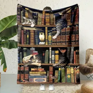 Cat Blanket on the Magic Book Bookshelf, Four-season Universal Warm and Cool Blanket