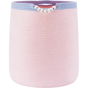 65L Pink Boho Woven Rope Laundry Hamper Basket 16"Wide 19"Tall Large Storage for Clothes Blanket Baby Nursery Hamper for Girls Kids