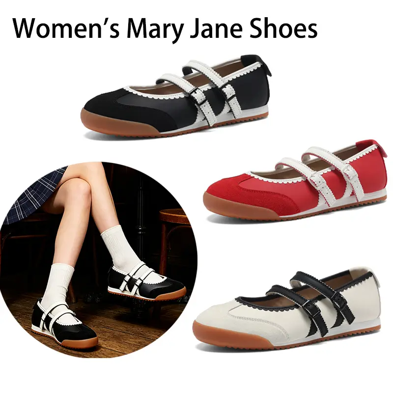 2026 New Female Stylish Retro Mary Jane Sneakers - 2-Strap Adjustable Buckle Ballerina Footwear, Scalloped Edge Leather, Gum Sole Flat Shoes for Back to School, Casual Wear Commute
