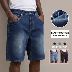 Men’s summer denim shorts — loose, stretchy mid-thigh length; classic wash finish; comfortable everyday fit with cotton denim.