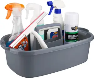 Large Gray Portable Plastic Cleaning Supplies Caddy with Handle - Household Tools Organizer Bucket, Portable Shower Storage Basket Tote