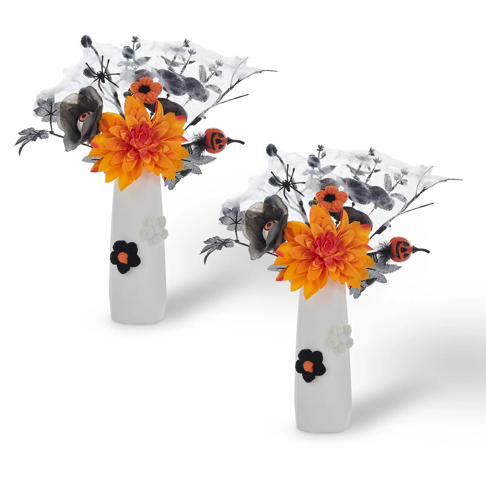 2-Pack Halloween Artificial Floral Centerpieces with Vases, 13.8" Eyeball Flowers & Orange Pumpkin Halloween Decorations for Table, Gothic Silk Flower Arrangements Home Office Decor, Spooky Fall Autumn Party Centerpiece, Black
