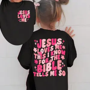 Vibrant Print| Girls' "Jesus Loves Me" Graphic Tee - Soft 100% Cotton, Crew Neck, Short Sleeve, Stretchy & Breathable - Perfect for Summer, Suitable for Youngsters Under 12