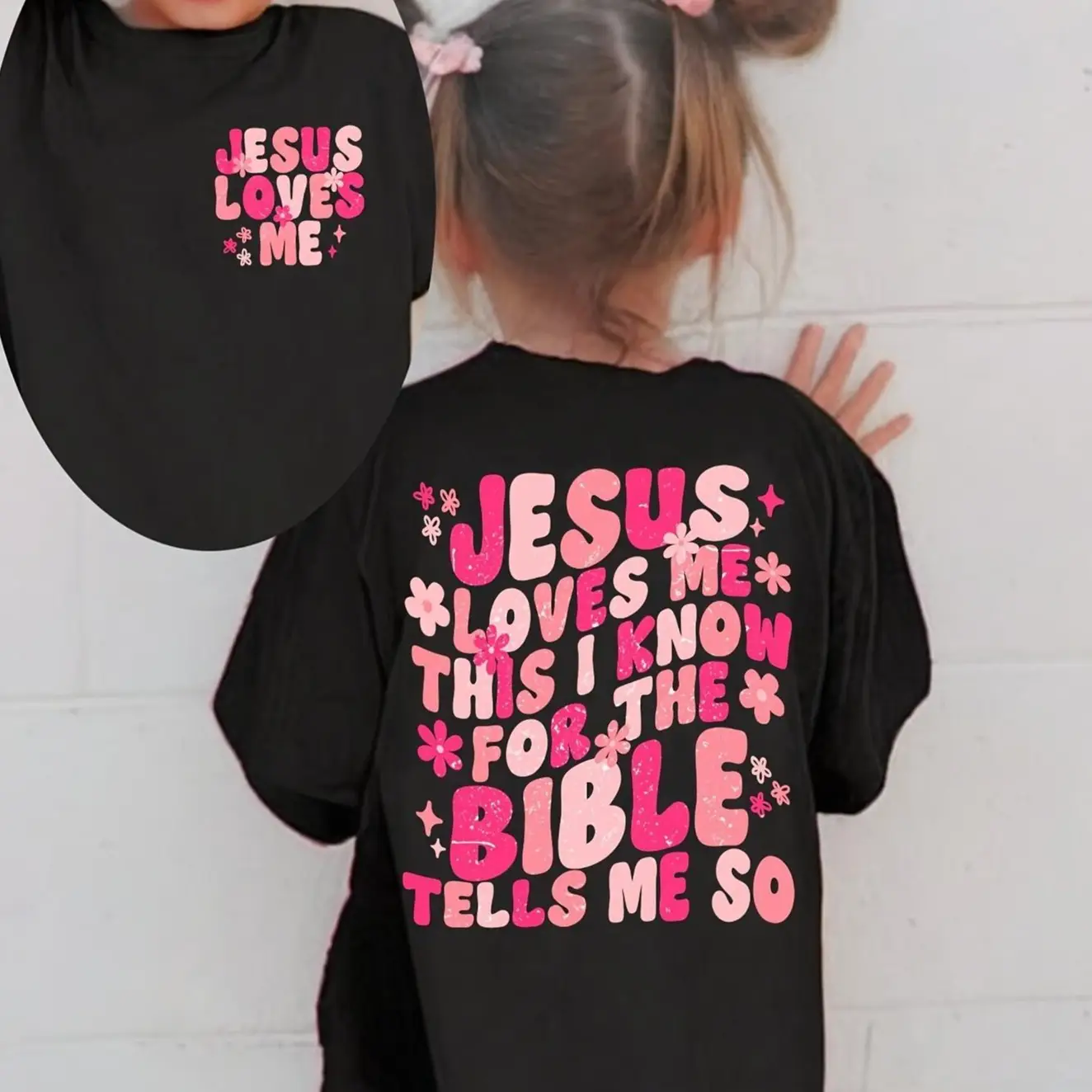 Vibrant Print| Girls' "Jesus Loves Me" Graphic Tee - Soft 100% Cotton, Crew Neck, Short Sleeve, Stretchy & Breathable - Perfect for Summer, Suitable f
