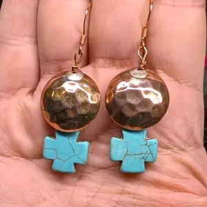 Made in USA Artisan Copper & Turquoise Cross Earrings with Hammered Finish and Turquoise Accents