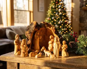 Nativity scene set carved inside an olive tree branch - Holy Land Nativity set - Wooden Manger Scene for Christmas decor