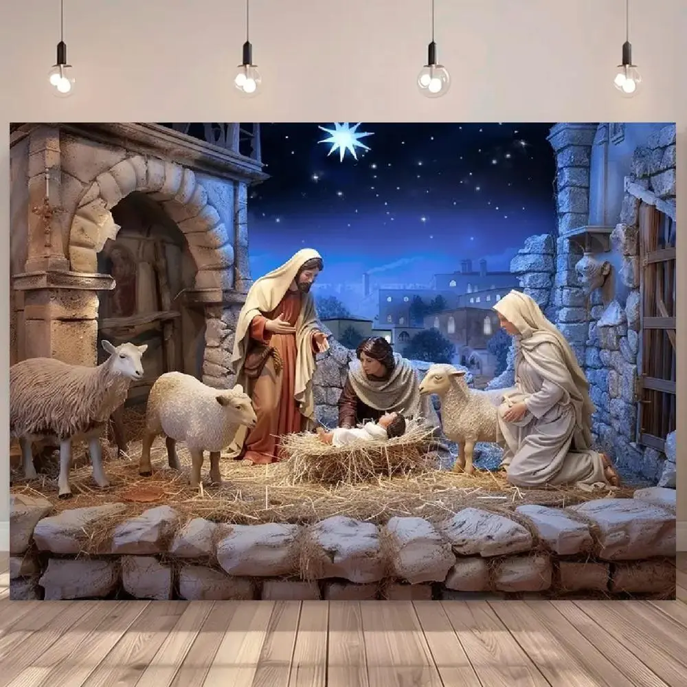 2D Flat Religious Nativity Scene Backdrop, Summer-Vibe Polyester Birth Setting Wall Hanging for Christmas Church Events, Non-Electric Featherless Multi-Size Party Decoration Banner Ornament