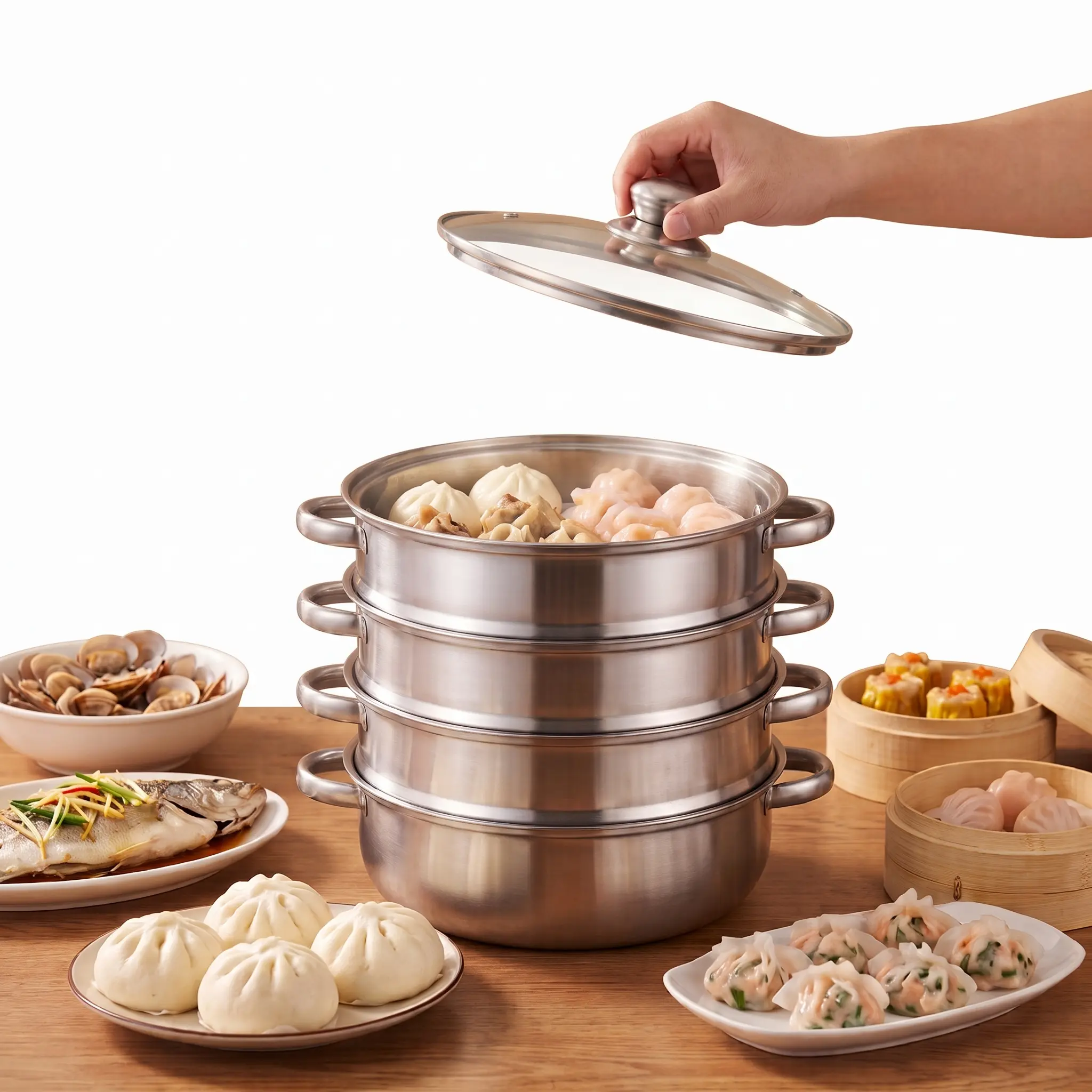 Round 5-Tier Stackable Heavy Duty Stainless Steel Steamer Pot with Glass Lid, Multipurpose Daily Cook Kitchenware for Dumplings, Seafood