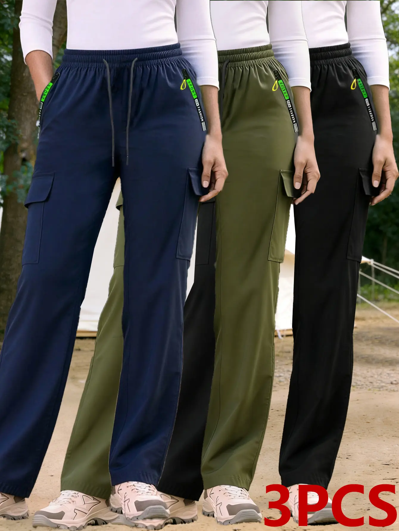 Women's 3-Pack Basic Comfortable Work Pants, Lady's Spring-Fall Workwear Bottoms with Elastic Waistband, Large Zipper Pockets, Cargo Trousers for Casual Everyday Wear