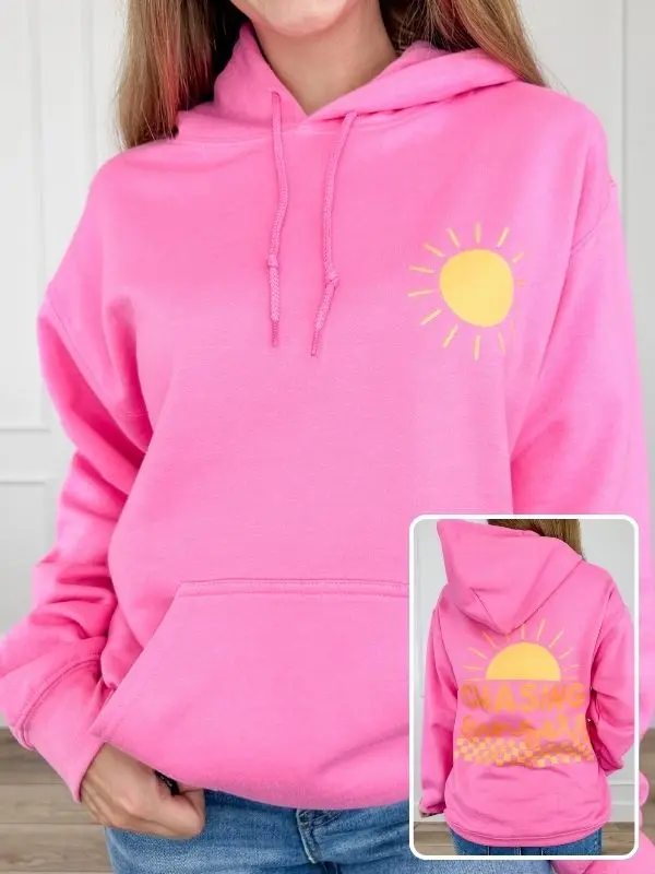 Sunset Chasing Cotton Blend Long Sleeve Pink Avery Mae Graphic Hoodie Sweatshirt (Gildan)