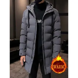 Men'S Casual Hooded Puffer Jacket, Polyester 100% Solid Color Long Length Coat, Non-Stretch Fabric, Regular Sleeve, with Filling, Zipper Placket, Pocket Detail, for Fall/Winter Warm Outerwear