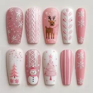 [Christmas Nails] Handmade Pink Christmas Press On Nails | Snowflakes, Reindeer & Sweater Knit Art | Glossy Long Nails For Winter Holiday Vibe