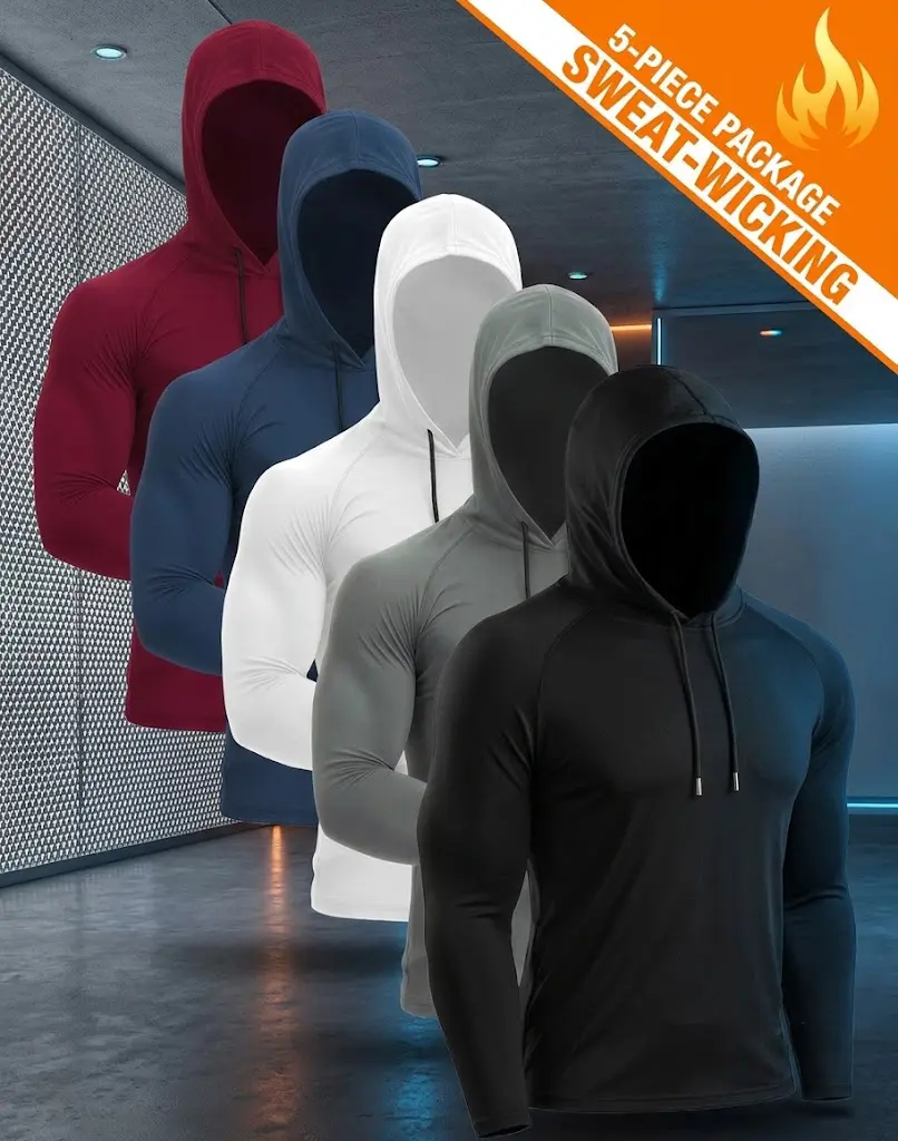5 Pack Men’s Hooded Workout Shirts Long Sleeve Athletic Gym Running Tops Moisture Wicking Lightweight Thin Pullover Hoodie Activewear Multipack
