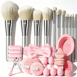 Makeup Brush Set for Beginners - Soft Synthetic Face & Eye Detail Brushes, Pink Beauty Sponges, Powder Puffs, Plush Bow Hair Accessories, Eyelash Curler, Silicone Cleaning Bowl All-In-1 Daily Travel Beauty Kit