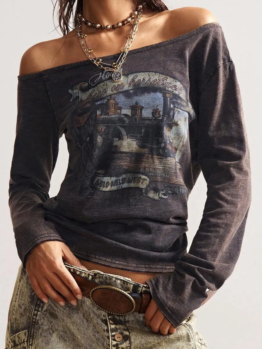 PRYSM Bohemela Women's Casual Solid Color Knit One-Shoulder Long Sleeve T-Shirt Off Shoulder Long Sleeve,Off The Shoulder Top,Fall Tops