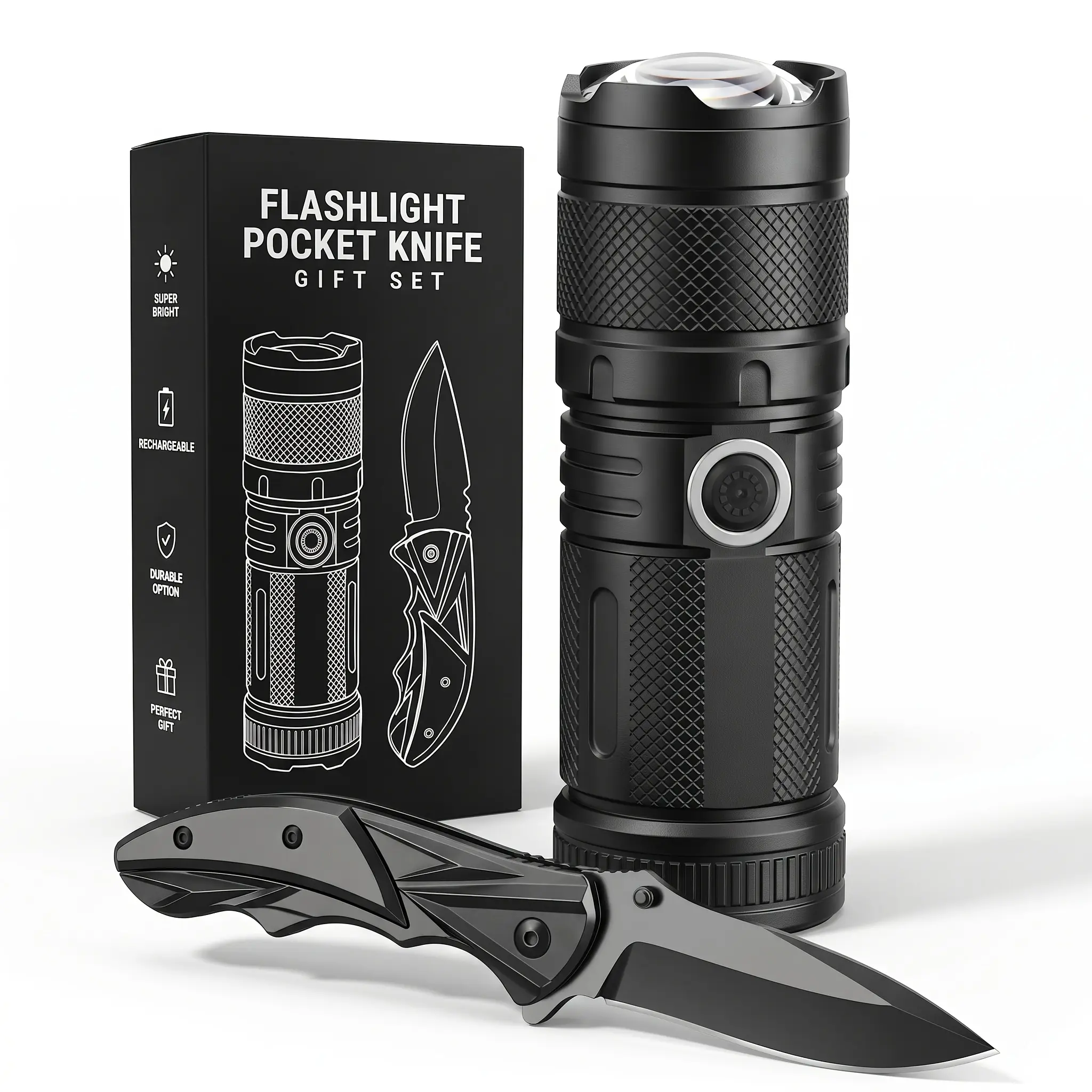 2PCS EDC Gear Set - Super Bright ABS Flashlight & Aluminum Alloy Compact Folding Blade Knives, Portable Outdoor Prep Gear, Male Gift for Camping, Emergency, Christmas Birthday