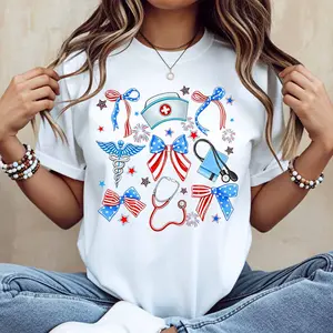 Patriotic Nurse And Medical Symbols Print T Shirt Women Casual Short Sleeve Top