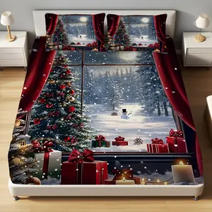 3pcs Winter Wonderland Christmas Bedding Set - Elegant Deep Red & Golden Snowflake & Tree Print Fitted Sheet with 2 Pillowcases, Soft Light Fabric, Comfortable Mattress Fit for Twin/Full/Queen/King Beds, Ideal for Home