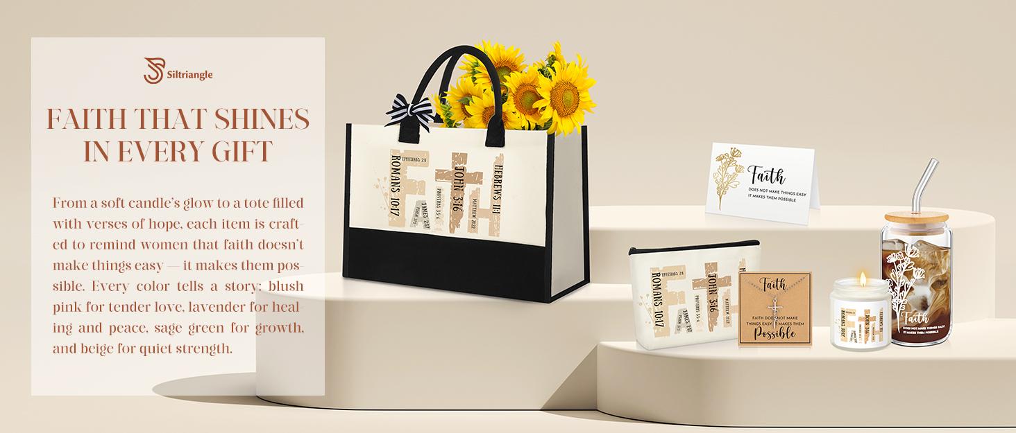 Christian Gifts for Women Easter Faith Religious Gifts with Tote Bag Makeup Bag Candle Cross Necklace Cup Greeting Card for Birthday Church Study Supplies, Gift for Christian Girl Mom Wife, Elegant Easter Gift for Sunday Prayer, Mother's Day Gift