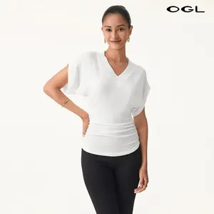 OGL Semi-sheer Lyocell Cashmere Blend V-neck Short Sleeve Side Ruched Tee