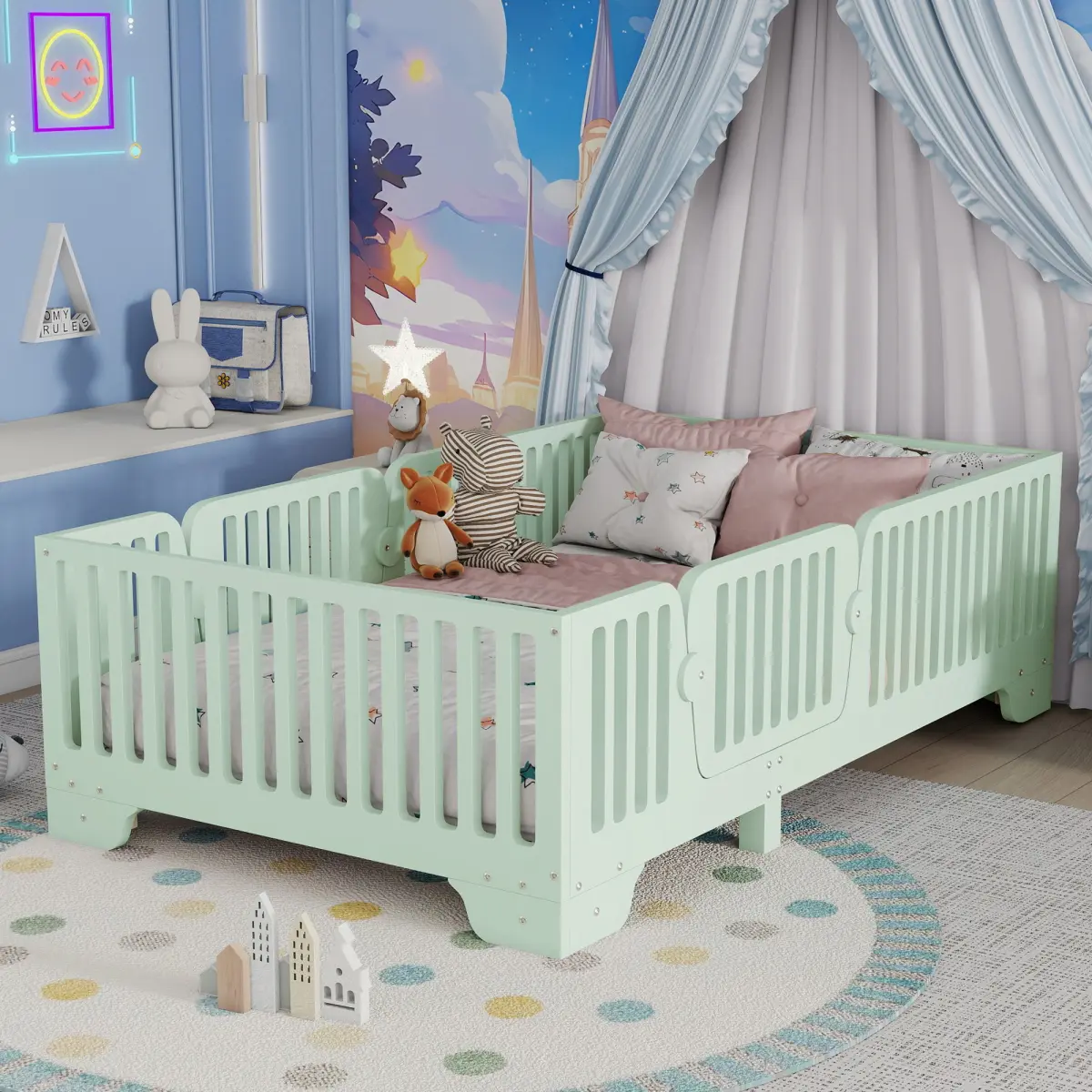 Twin/Full Size Floor Bed with Slats and Fence, Montessori Floor Beds with Door, No Box Spring Needed